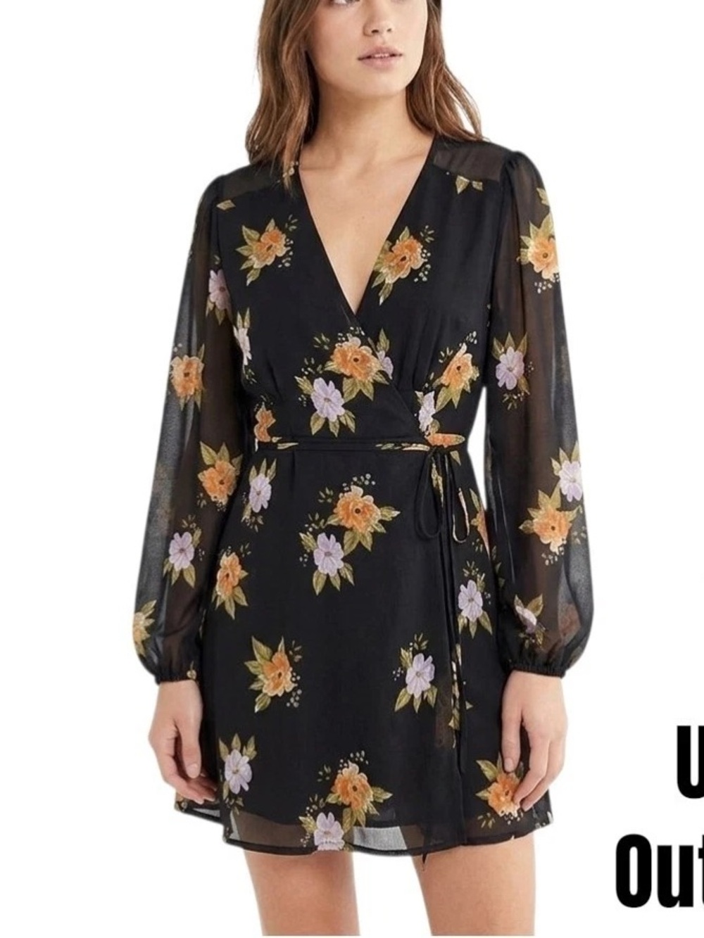 Urban Outfitters Bleecker Sheer Long Sleeve Wrap Mini Dress XS Black Floral